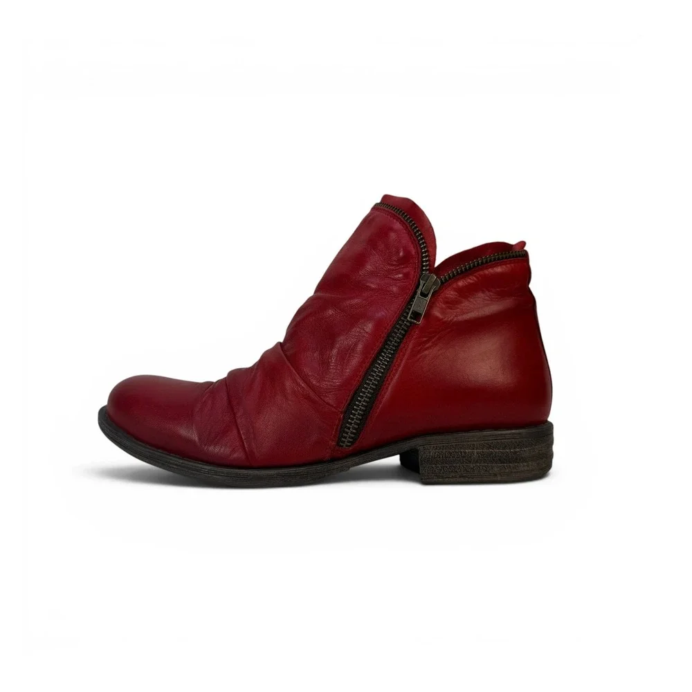Miz Mooz Luna Ankle Boots Womens 8.5 Red Antique Leather Ruched Zippers‎